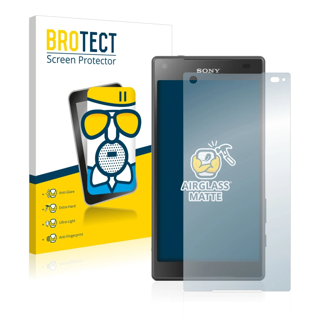 Front side of a product packaging with the brand logo BROTECT. Next to it is the device Sony Xperia Z5 Compact shown with the 