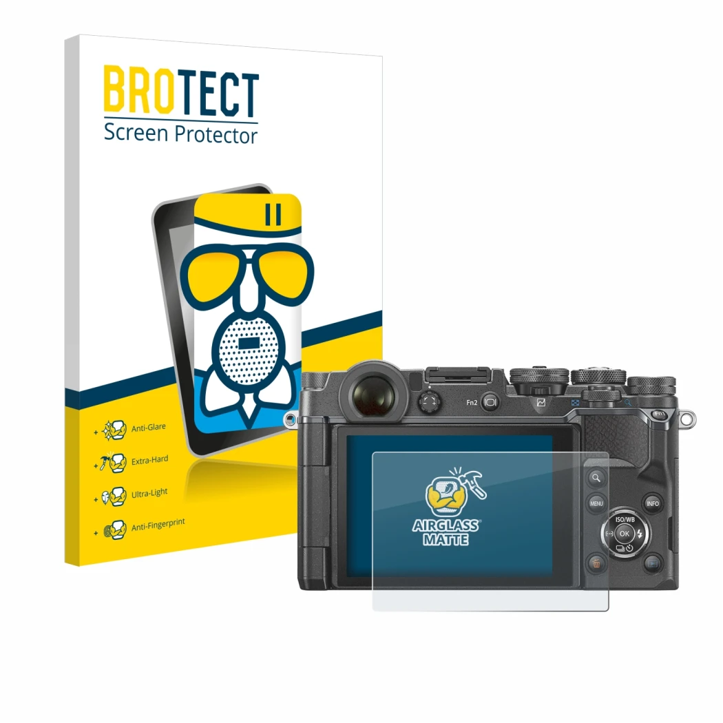 Front side of a product packaging with the brand logo BROTECT. Next to it is the device Olympus PEN-F shown with the correspon