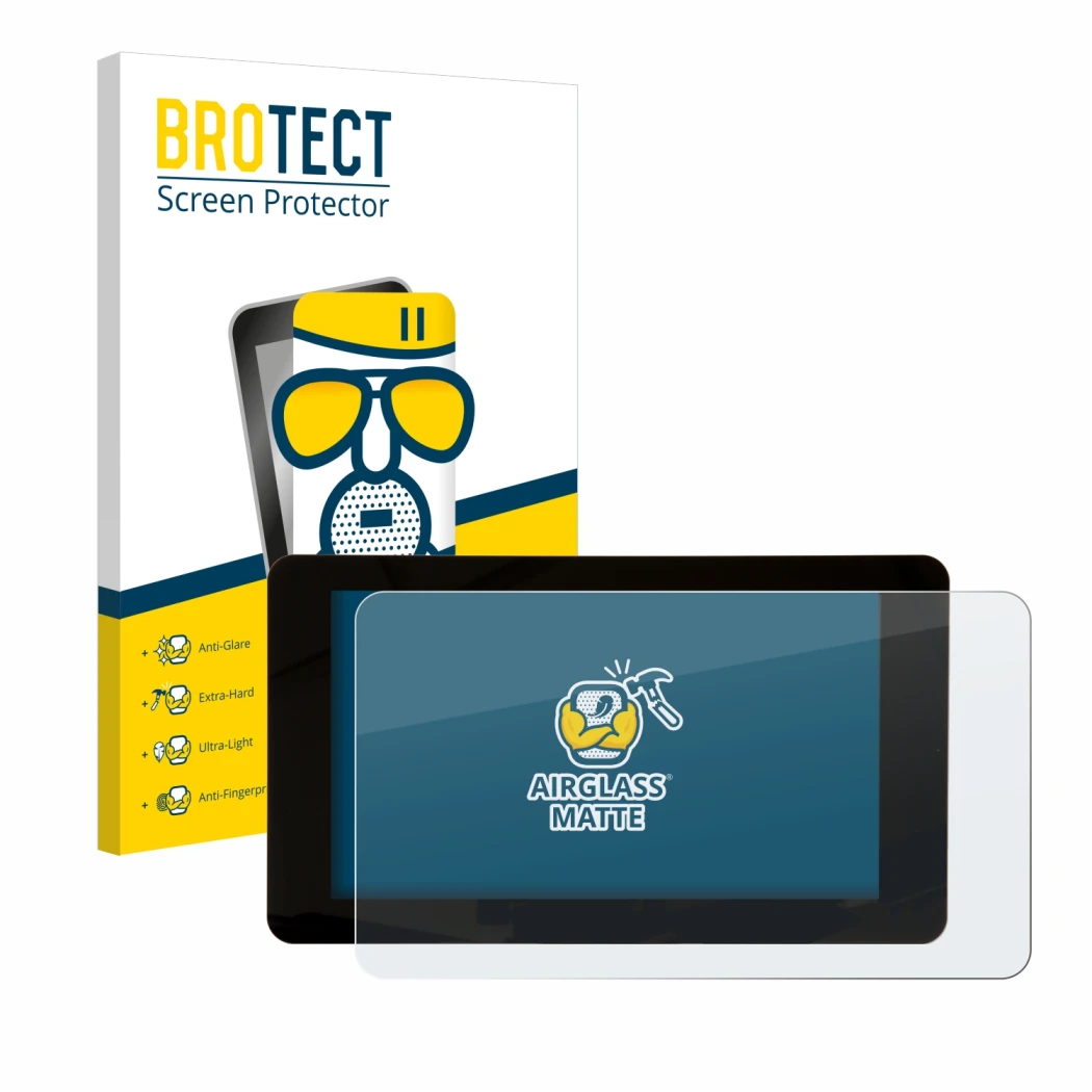 Front side of a product packaging with the brand logo BROTECT. Next to it is the device Raspberry Pi Touchscreen 7