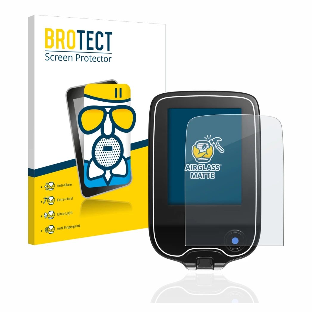 Front side of a product packaging with the brand logo BROTECT. Next to it is the device Freestyle Libre shown with the corresp