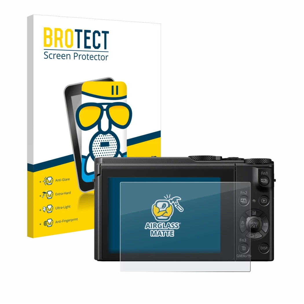 Front side of a product packaging with the brand logo BROTECT. Next to it is the device Panasonic Lumix DMC-LX15 shown with th