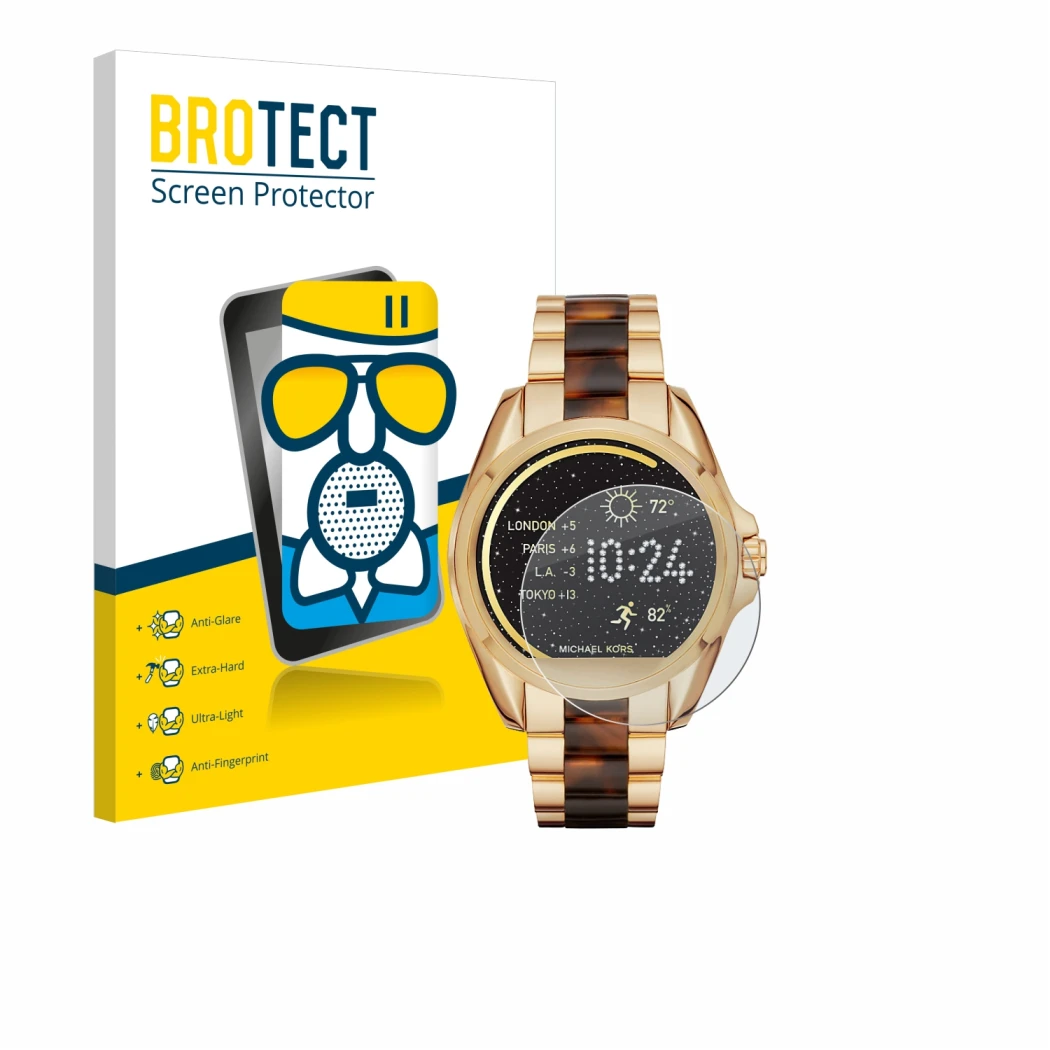 Front side of a product packaging with the brand logo BROTECT. Next to it is the device Michael Kors Access Bradshaw shown wit