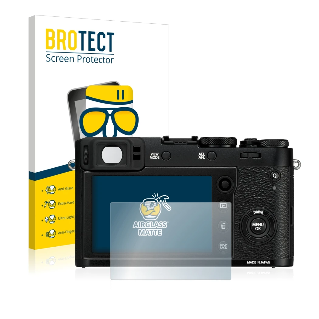 Front side of a product packaging with the brand logo BROTECT. Next to it is the device Fujifilm X100F shown with the correspo