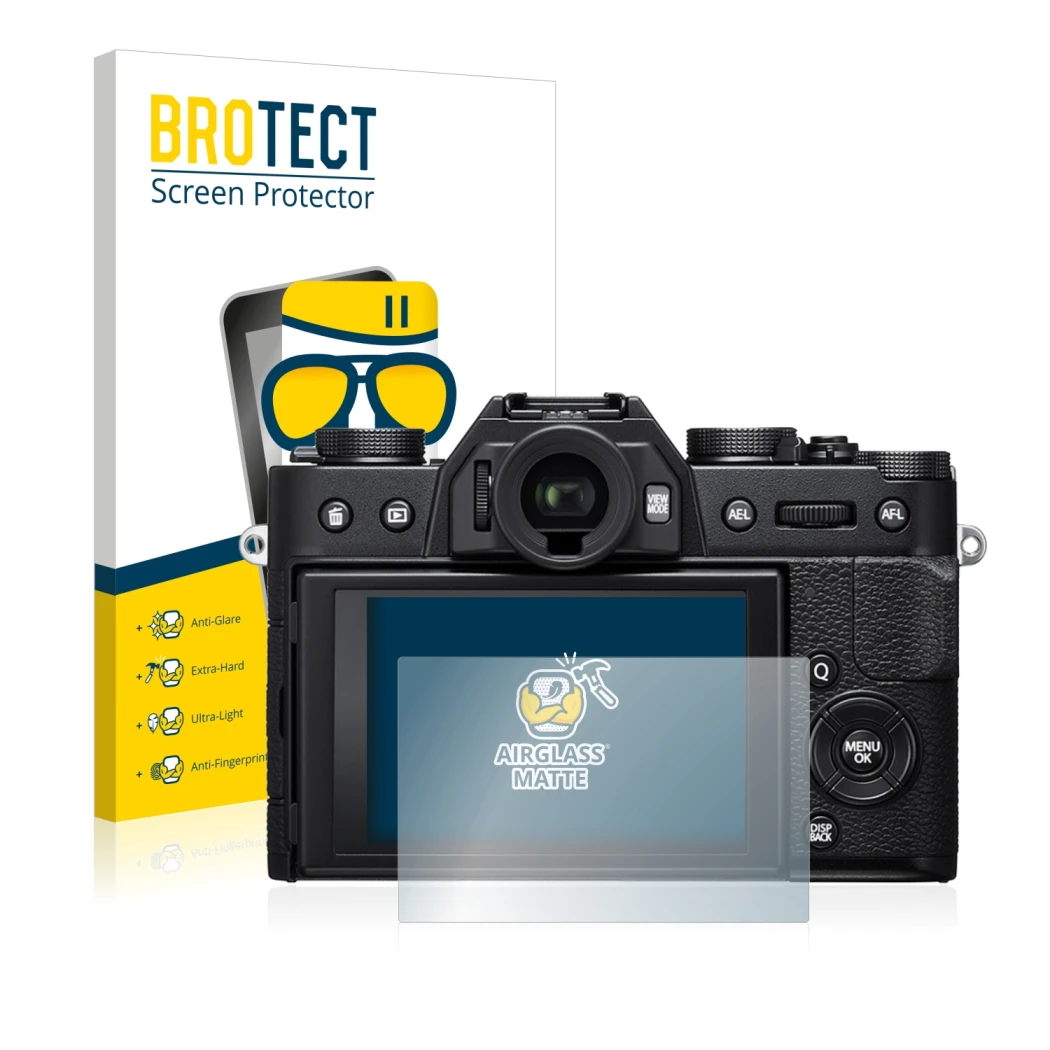 Front side of a product packaging with the brand logo BROTECT. Next to it is the device Fujifilm X-T20 shown with the correspo