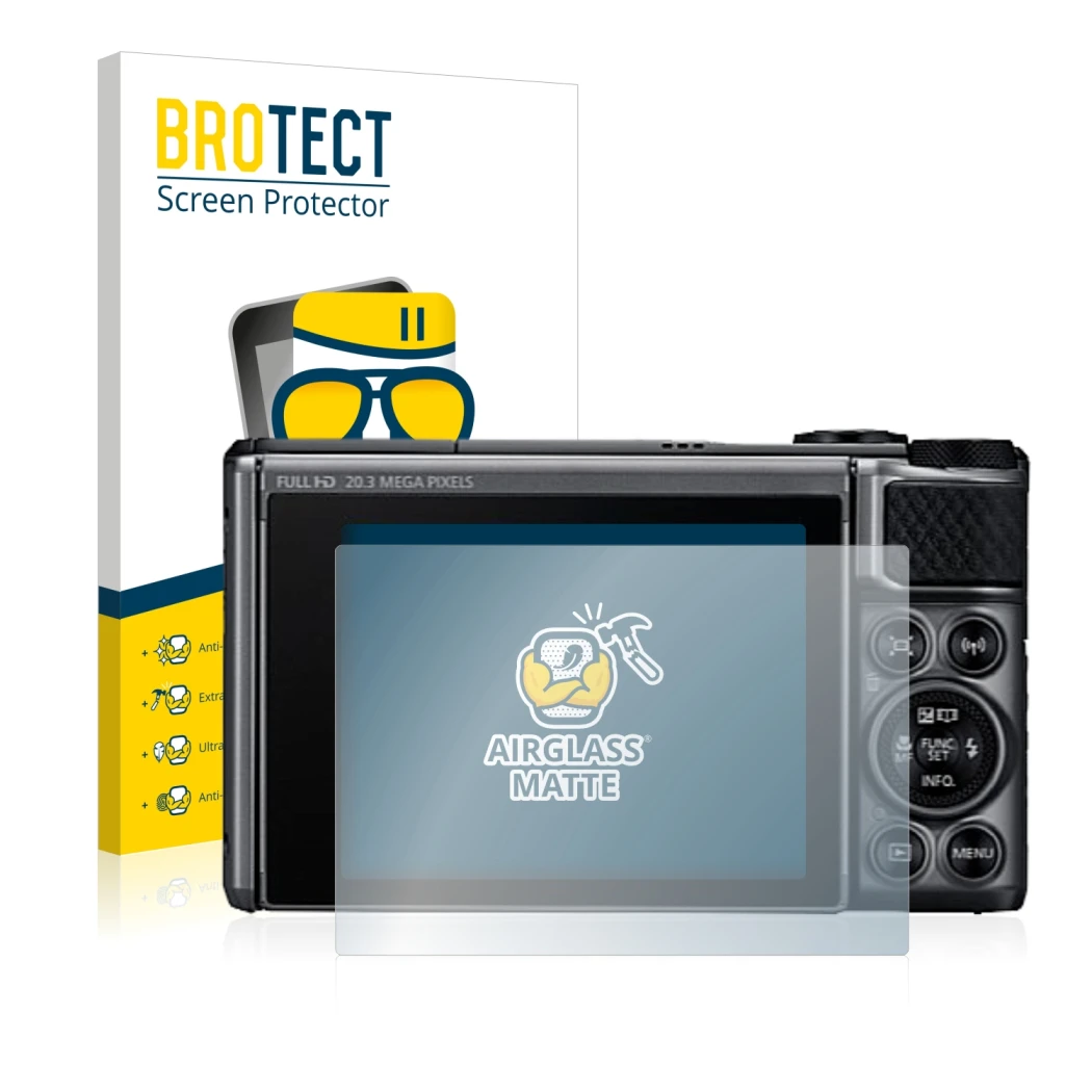 Front side of a product packaging with the brand logo BROTECT. Next to it is the device Canon PowerShot SX730 HS shown with th