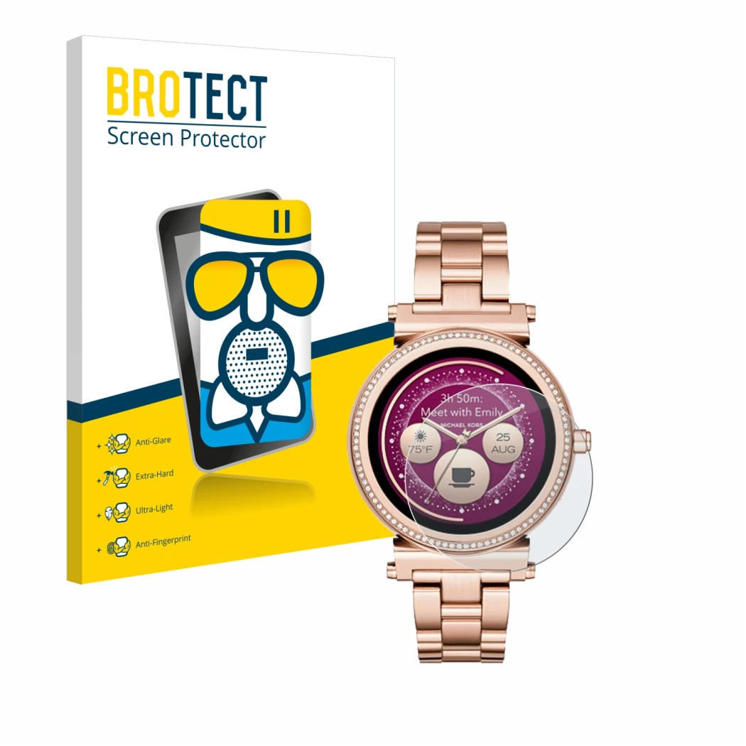 Front side of a product packaging with the brand logo BROTECT. Next to it is the device Michael Kors Access Sofie shown with t