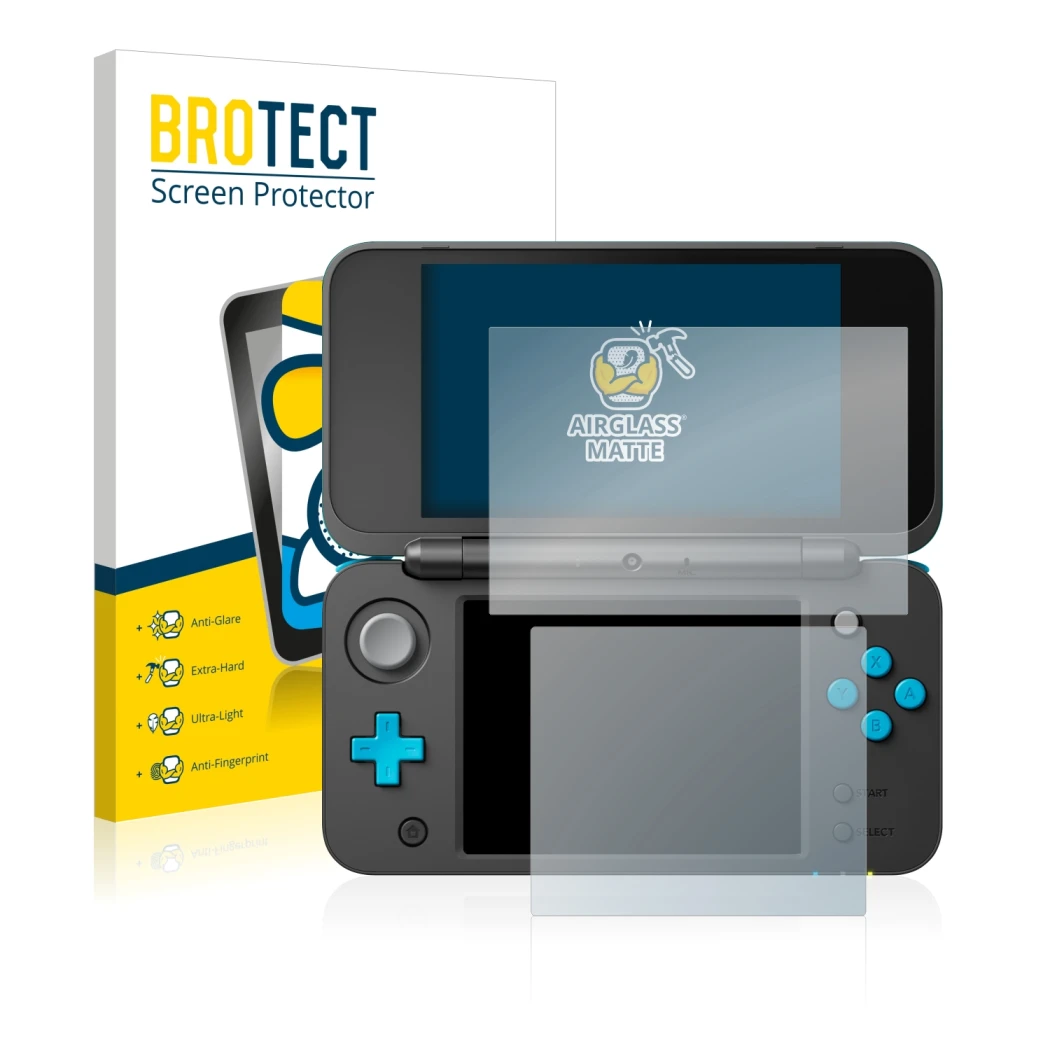 Front side of a product packaging with the brand logo BROTECT. Next to it is the device Nintendo 2DS XL shown with the corresp