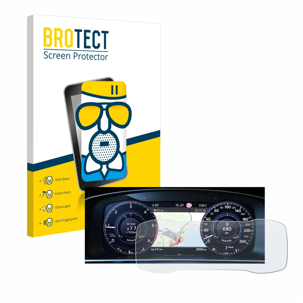 Front side of a product packaging with the brand logo BROTECT. Next to it is the device Volkswagen Golf 7 Active Info Chockpit
