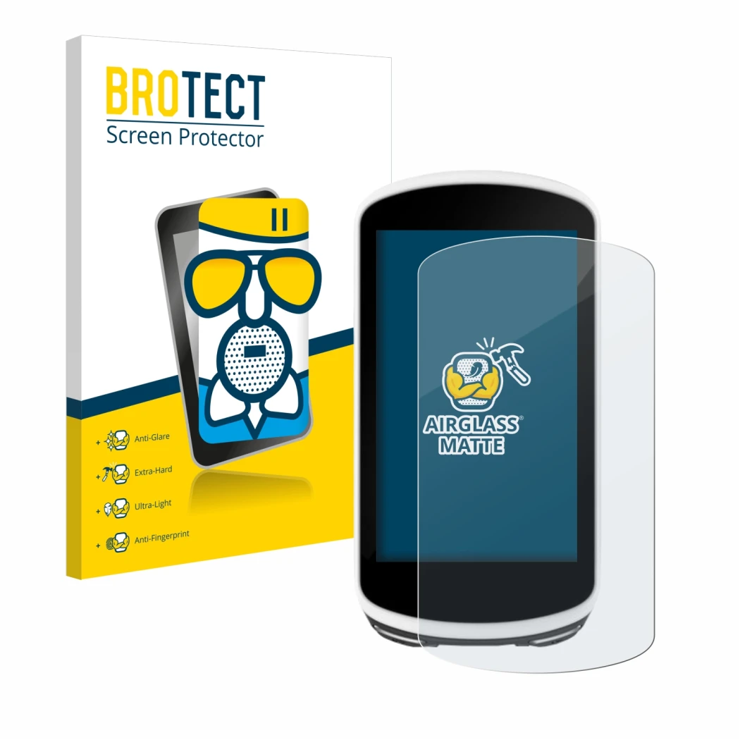 Front side of a product packaging with the brand logo BROTECT. Next to it is the device Garmin Edge 1030 shown with the corres