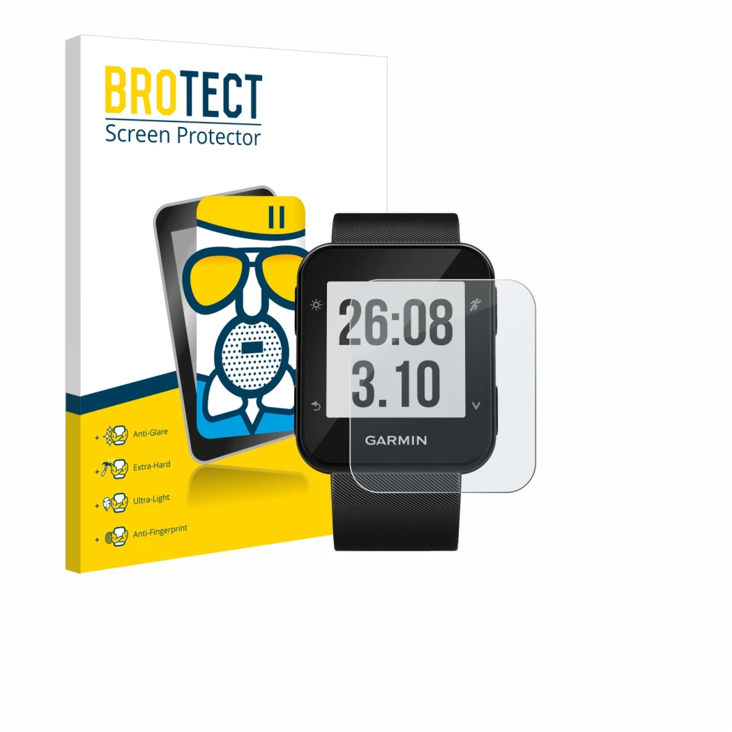 Front side of a product packaging with the brand logo BROTECT. Next to it is the device Garmin Forerunner 30 shown with the co