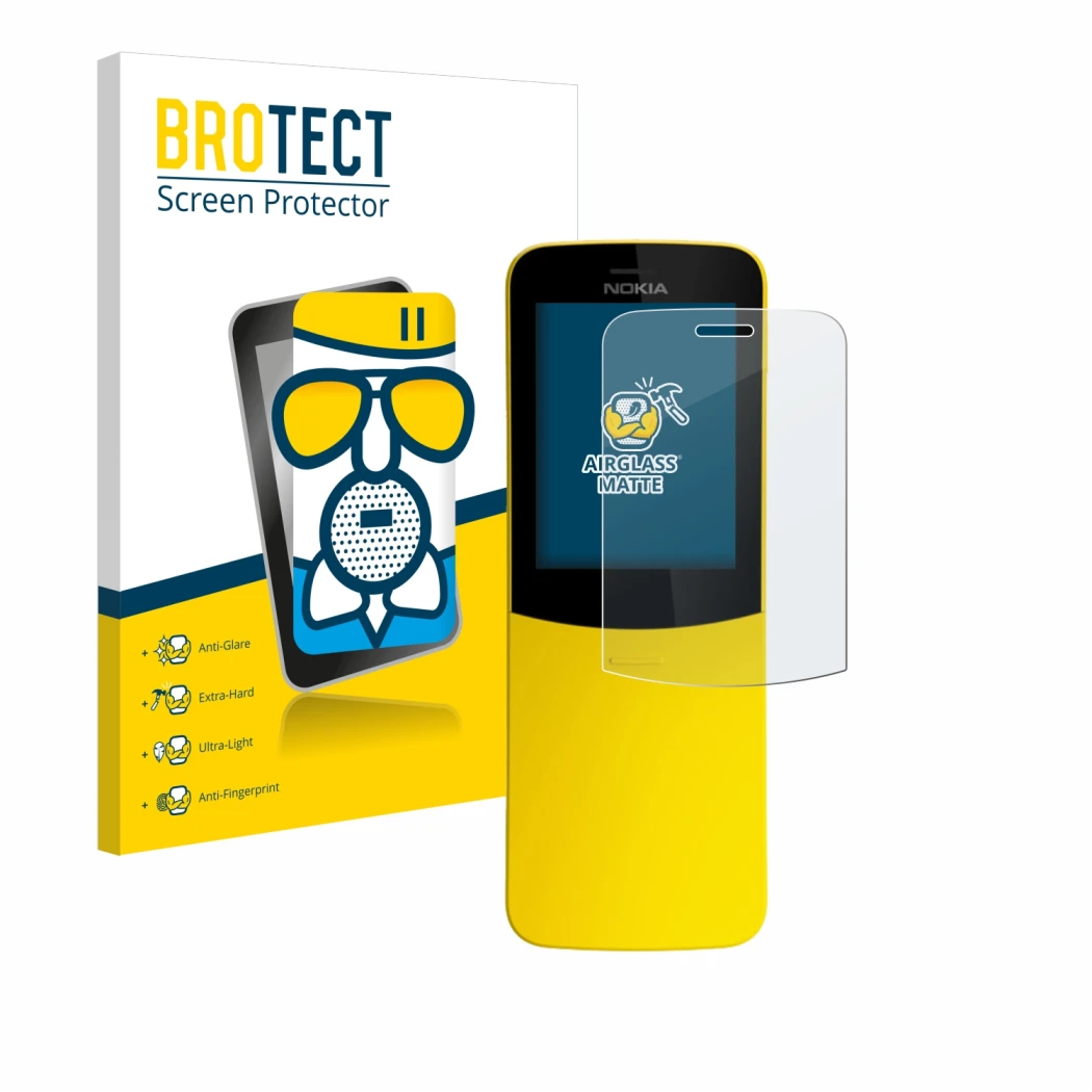 Front side of a product packaging with the brand logo BROTECT. Next to it is the device Nokia 8110 shown with the correspondin