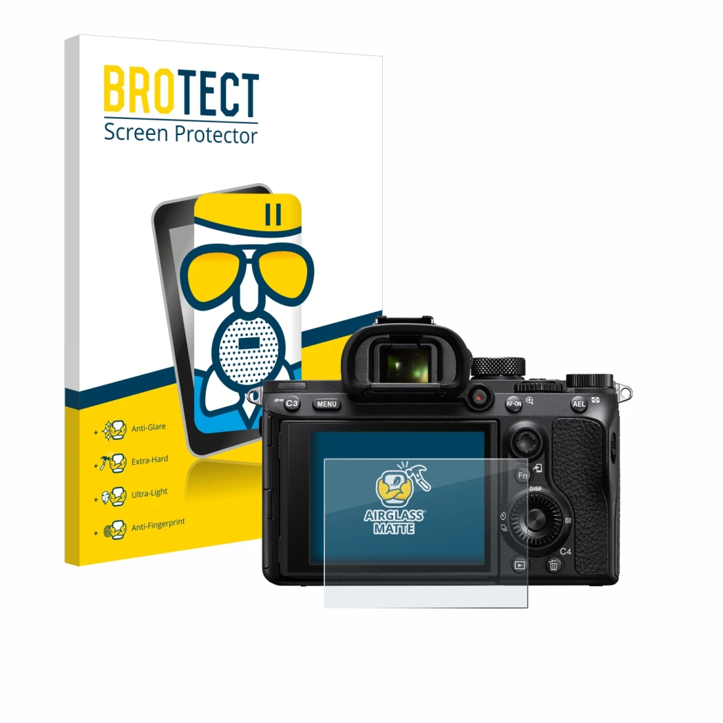 Front side of a product packaging with the brand logo BROTECT. Next to it is the device Sony Alpha 7 III (ILCE-7M3) shown with