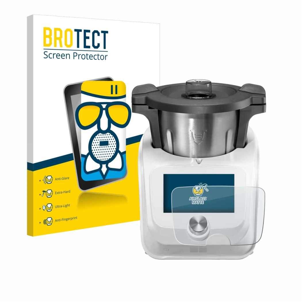 Front side of a product packaging with the brand logo BROTECT. Next to it is the device SilverCrest Monsieur Cuisine Connect s