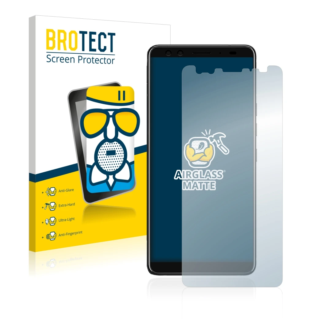 Front side of a product packaging with the brand logo BROTECT. Next to it is the device HTC U12 Plus shown with the correspond