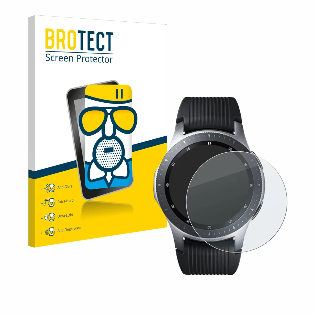 Front side of a product packaging with the brand logo BROTECT. Next to it is the device Samsung Galaxy Watch (46 mm) shown wit