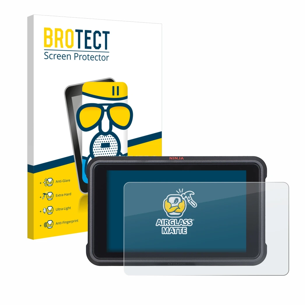 Front side of a product packaging with the brand logo BROTECT. Next to it is the device Atomos Ninja V shown with the correspo