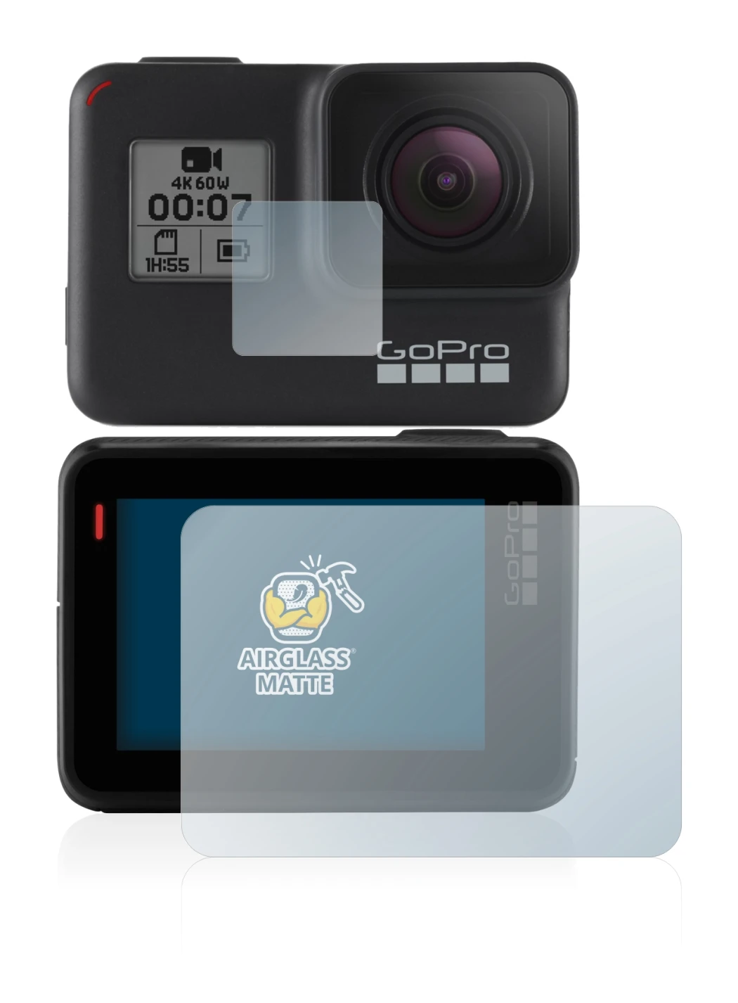 Image of the device GoPro Hero 7 Black with a wide variety of screen protectors.