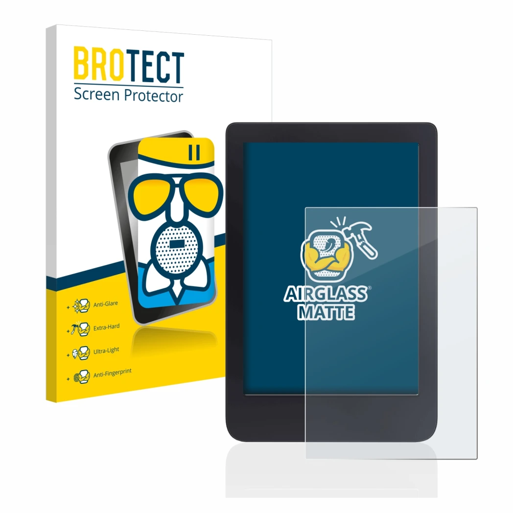 Front side of a product packaging with the brand logo BROTECT. Next to it is the device Tolino Shine 3 shown with the correspo