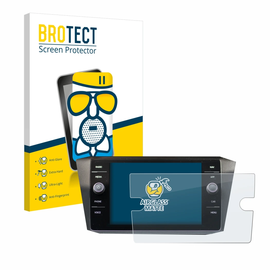 Front side of a product packaging with the brand logo BROTECT. Next to it is the device Volkswagen Tiguan Discover Media 8