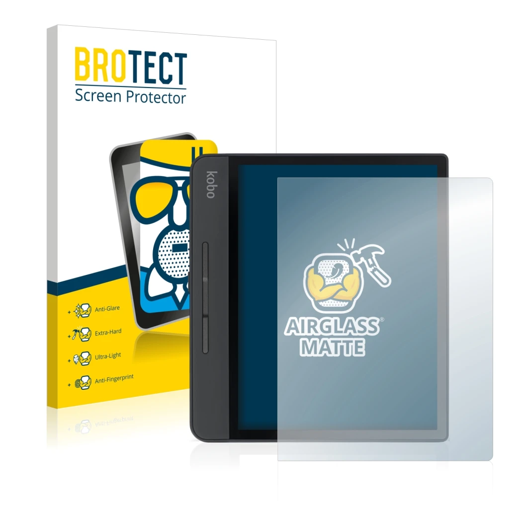 Front side of a product packaging with the brand logo BROTECT. Next to it is the device Kobo Forma shown with the correspondin