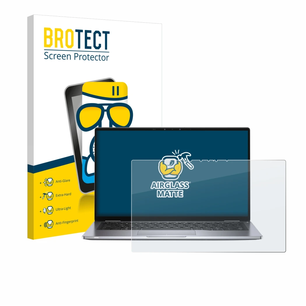 Front side of a product packaging with the brand logo BROTECT. Next to it is the device Dell Latitude 7400 2-in-1 shown with t