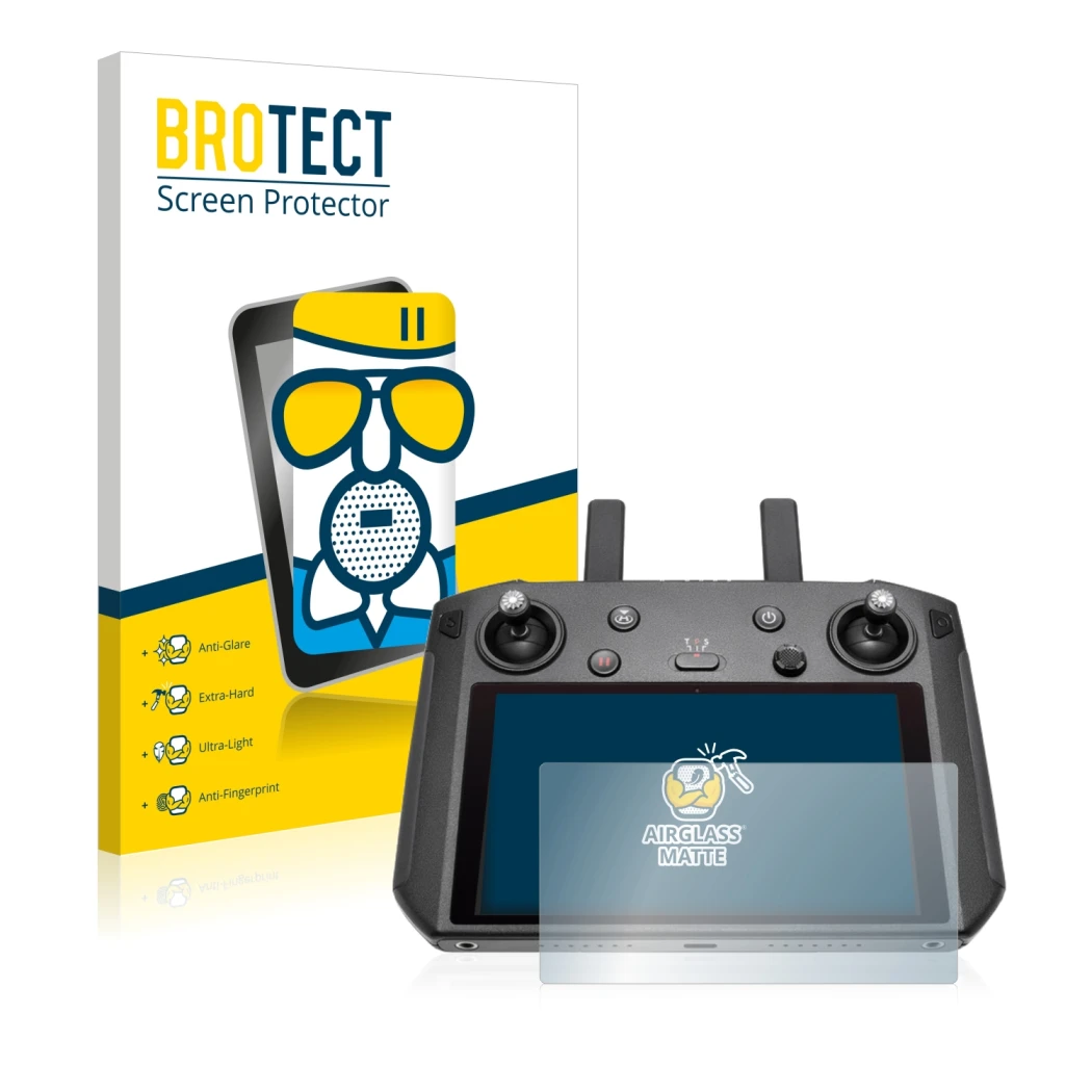 Front side of a product packaging with the brand logo BROTECT. Next to it is the device DJI Smart Controller shown with the co