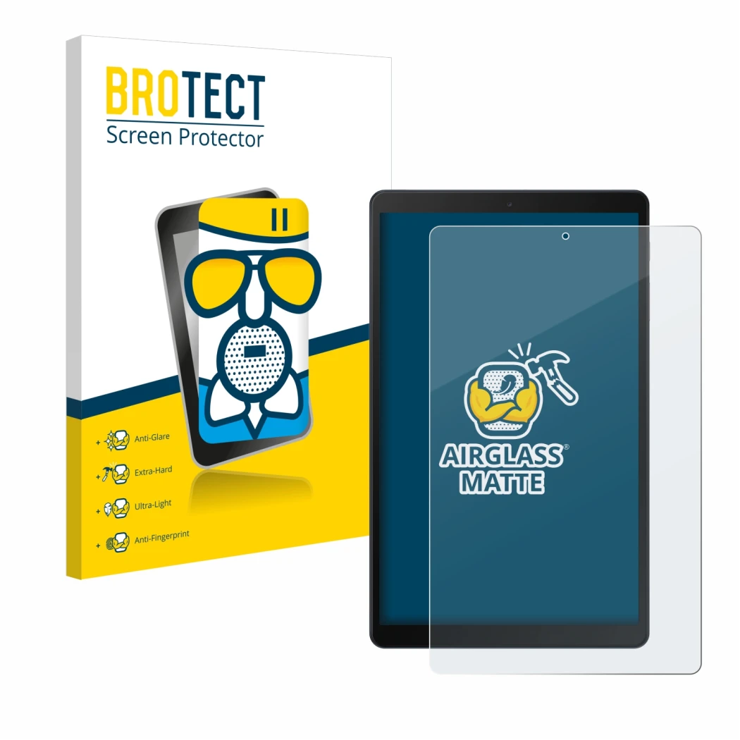 Front side of a product packaging with the brand logo BROTECT. Next to it is the device Samsung Galaxy Tab A 10.1 WiFi 2019 sh