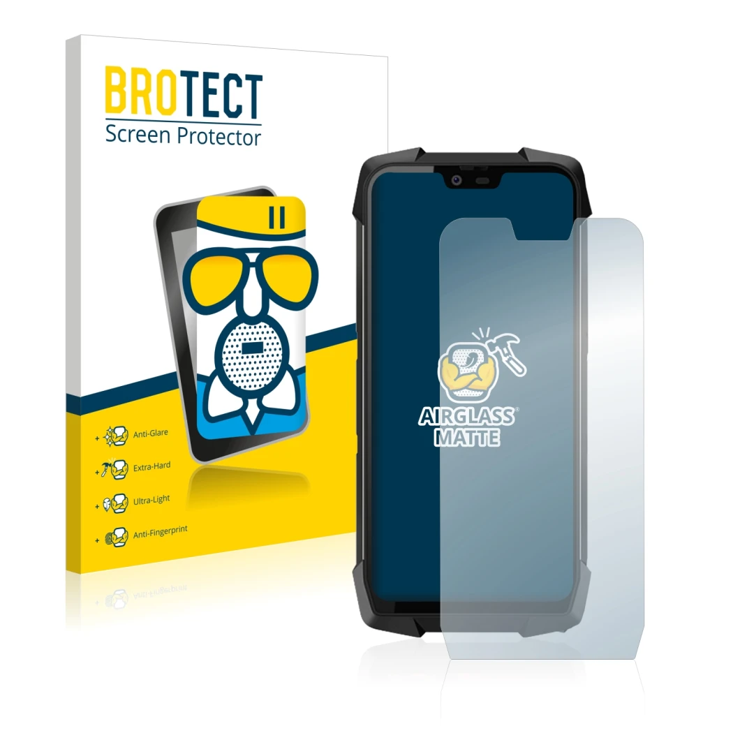 Front side of a product packaging with the brand logo BROTECT. Next to it is the device Blackview BV9700 Pro shown with the co