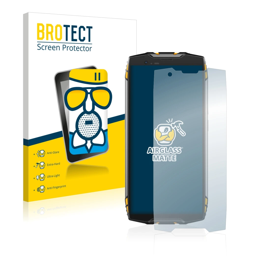 Front side of a product packaging with the brand logo BROTECT. Next to it is the device Blackview BV6800 Pro shown with the co