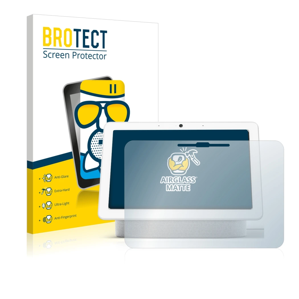 Front side of a product packaging with the brand logo BROTECT. Next to it is the device Google Nest Hub Max shown with the cor