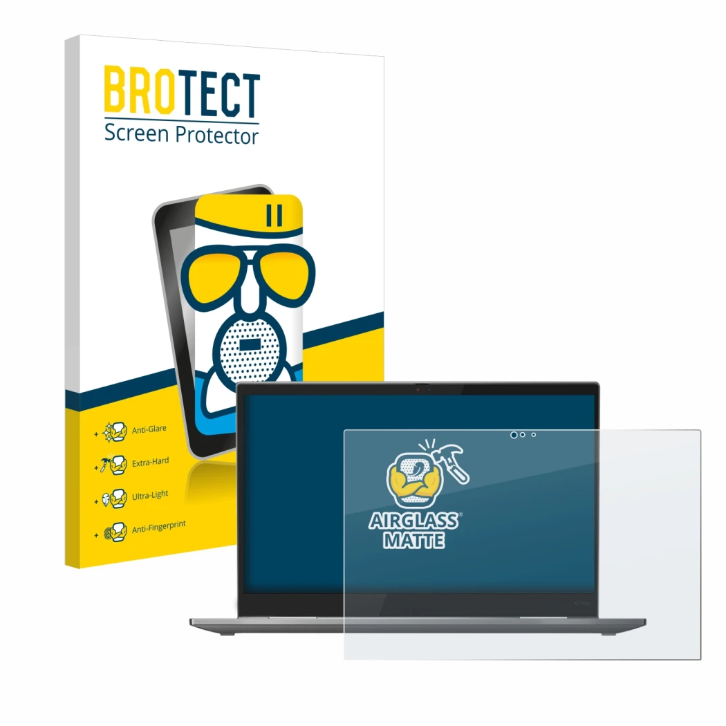 Front side of a product packaging with the brand logo BROTECT. Next to it is the device Lenovo ThinkPad X1 Yoga (4th Gen.) sho