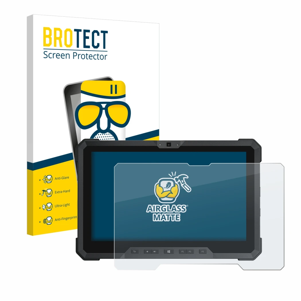 Front side of a product packaging with the brand logo BROTECT. Next to it is the device Dell Latitude 12 Rugged 7212 shown wit