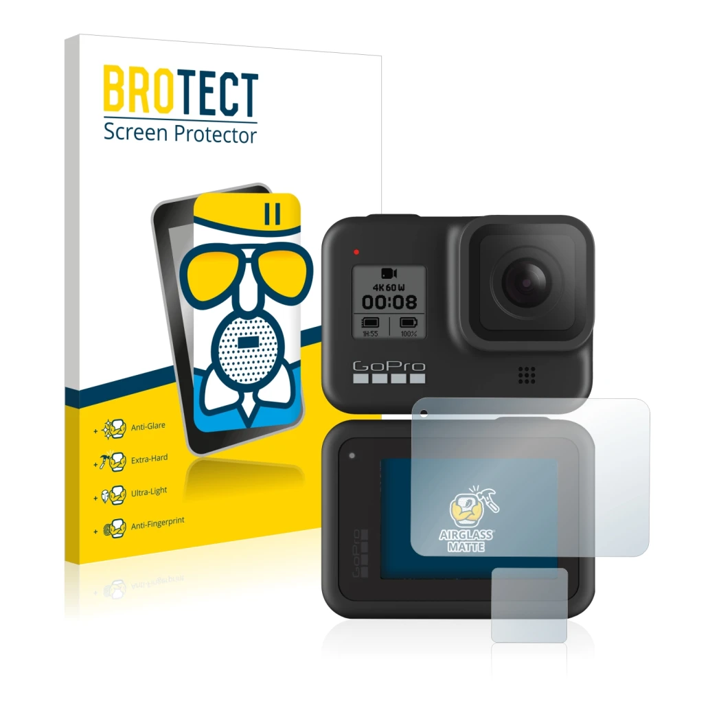 Front side of a product packaging with the brand logo BROTECT. Next to it is the device GoPro Hero 8 Black shown with the corr