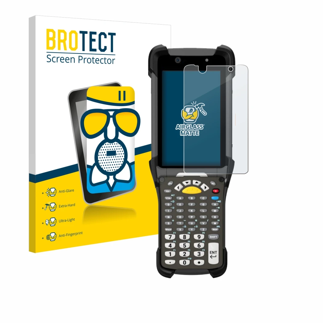 Front side of a product packaging with the brand logo BROTECT. Next to it is the device Zebra MC9300 shown with the correspond