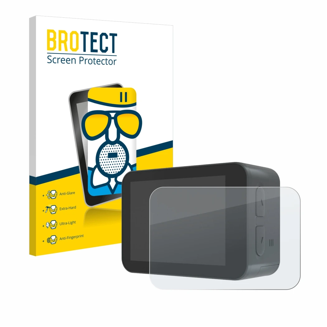 Front side of a product packaging with the brand logo BROTECT. Next to it is the device Akaso V50X shown with the correspondin