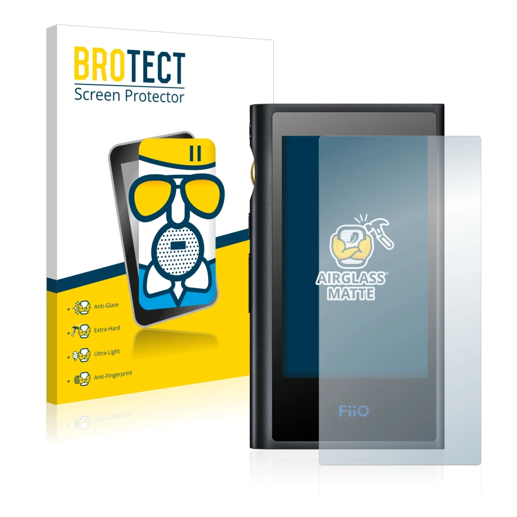 Front side of a product packaging with the brand logo BROTECT. Next to it is the device FiiO M9 shown with the corresponding s