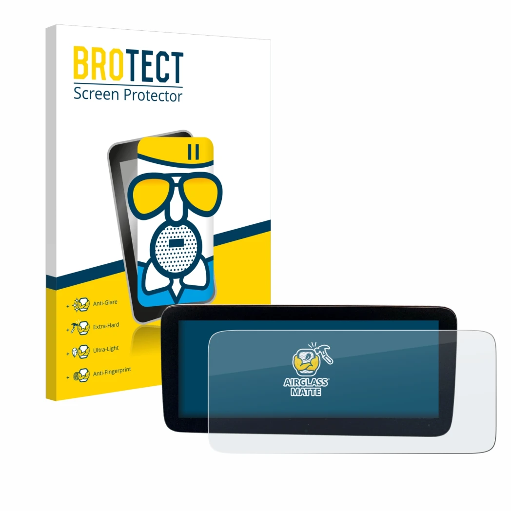 Front side of a product packaging with the brand logo BROTECT. Next to it is the device Mercedes-Benz Actros 2019 Cockpit 12