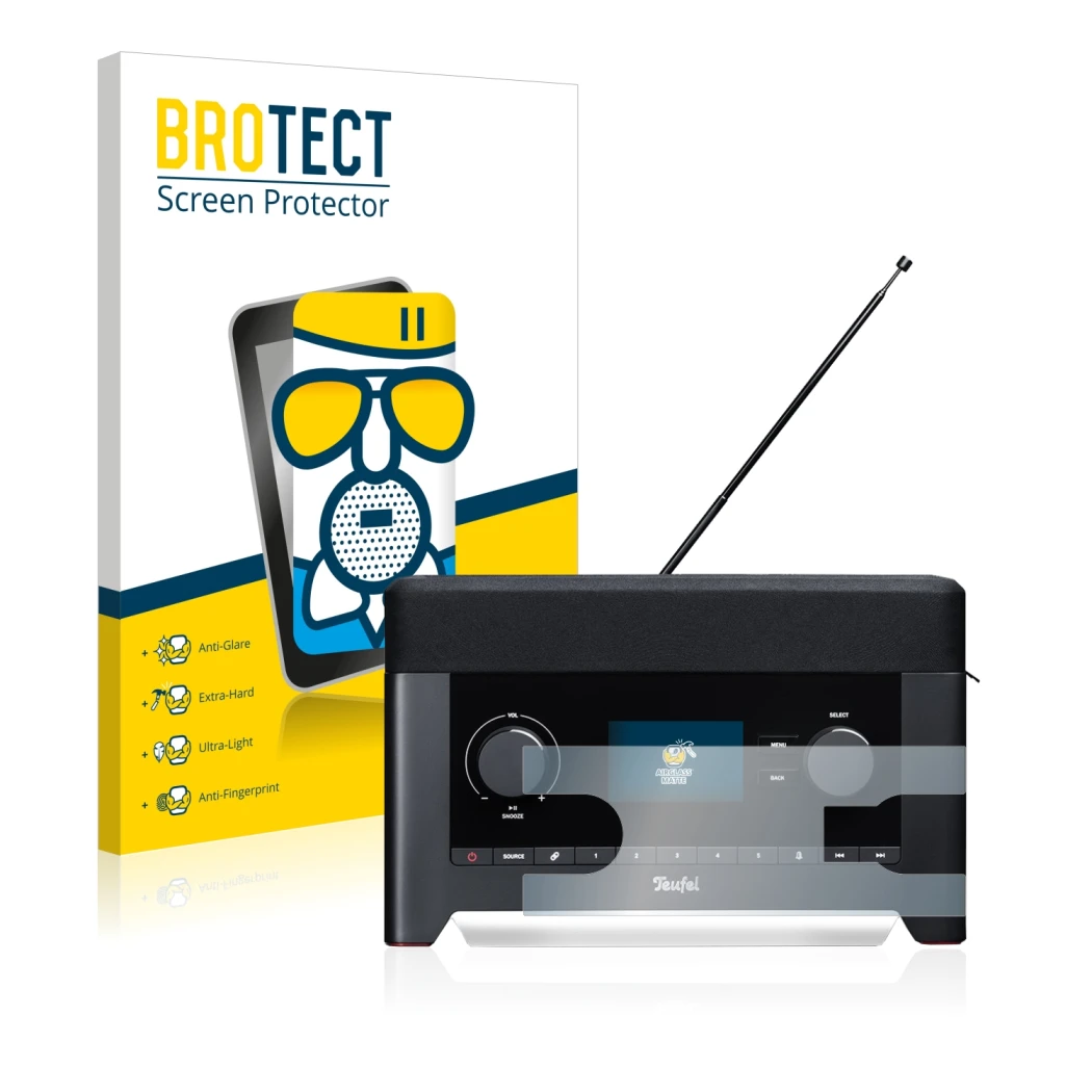 Front side of a product packaging with the brand logo BROTECT. Next to it is the device Teufel Radio 3sixty shown with the cor
