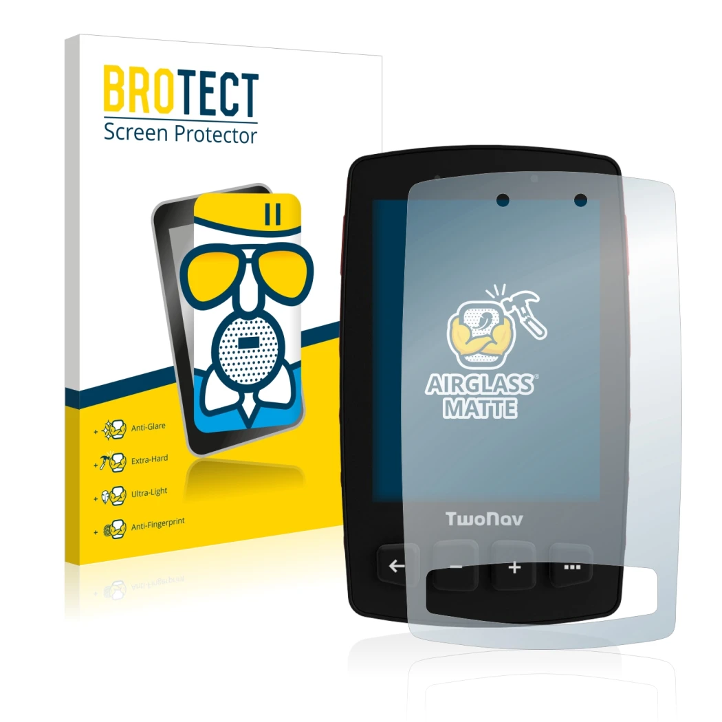 Front side of a product packaging with the brand logo BROTECT. Next to it is the device TwoNav Trail 2 shown with the correspo