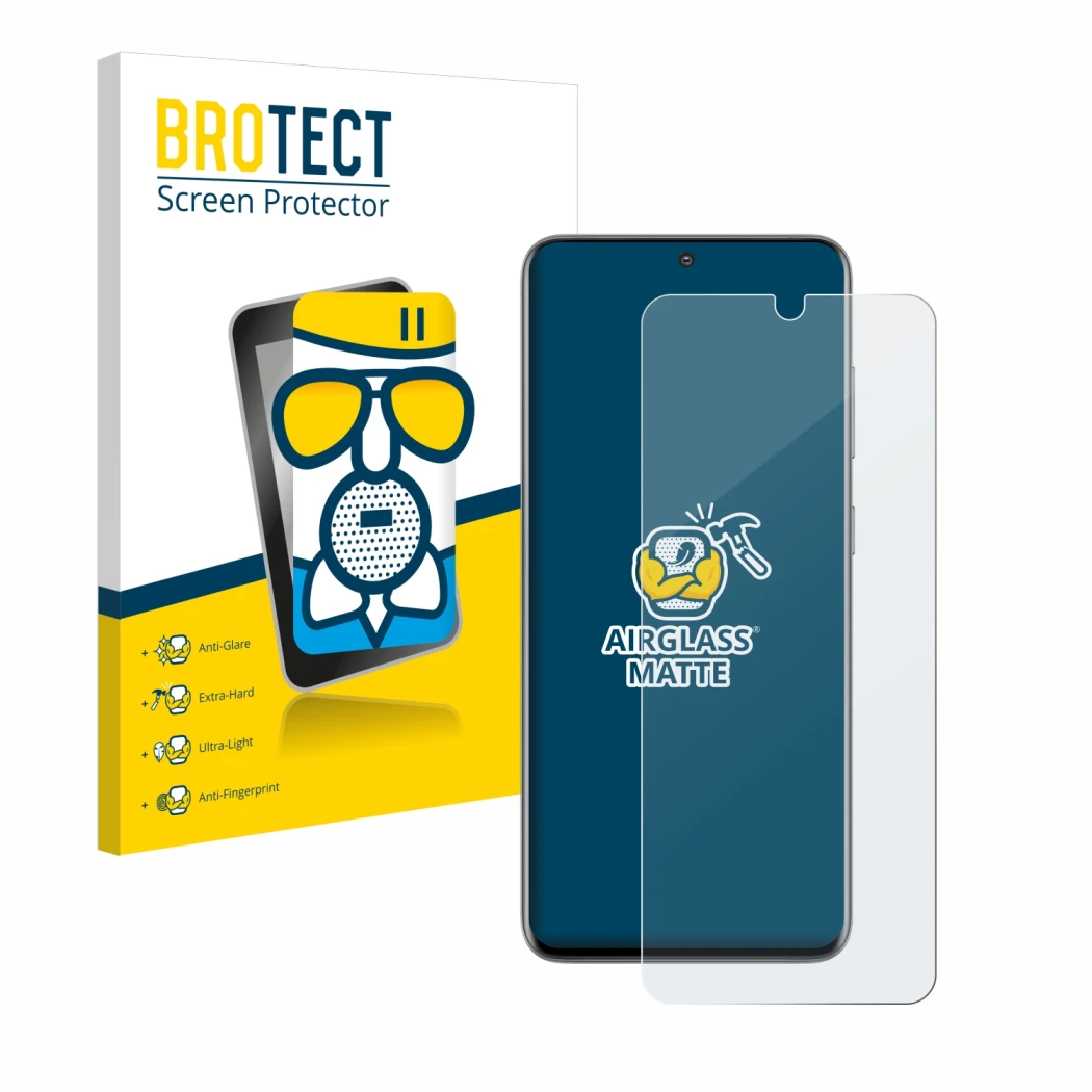 Front side of a product packaging with the brand logo BROTECT. Next to it is the device Samsung Galaxy S20 shown with the corr