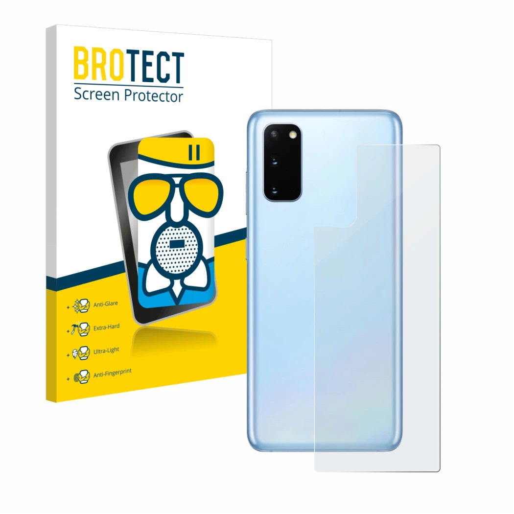 Front side of a product packaging with the brand logo BROTECT. Next to it is the device Samsung Galaxy S20 (Back) shown with t