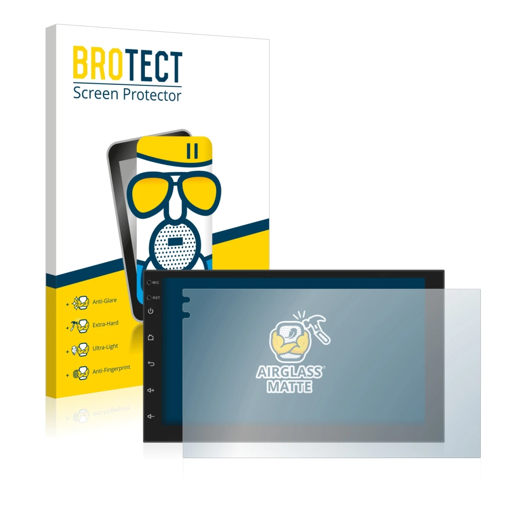 Front side of a product packaging with the brand logo BROTECT. Next to it is the device Phonocar MediaStation 2Din shown with