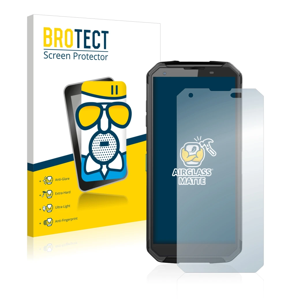 Front side of a product packaging with the brand logo BROTECT. Next to it is the device Blackview BV9500 Plus shown with the c