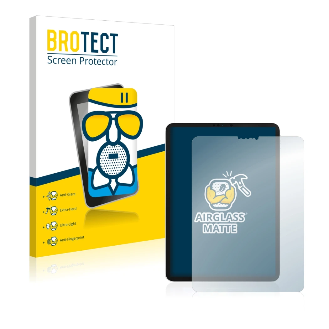 Front side of a product packaging with the brand logo BROTECT. Next to it is the device Apple iPad Pro 11