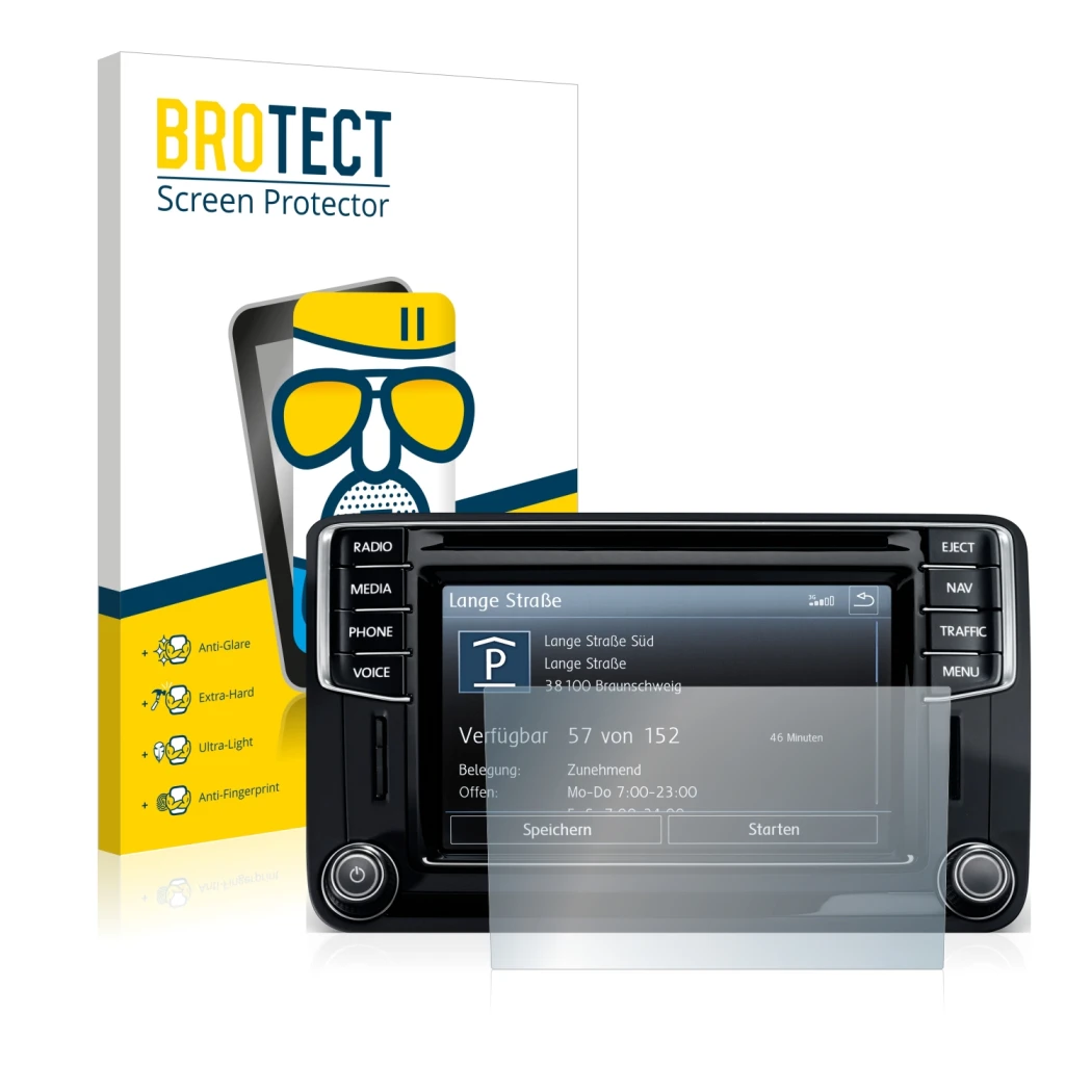 Front side of a product packaging with the brand logo BROTECT. Next to it is the device Volkswagen Amarok Discover Media 6.5