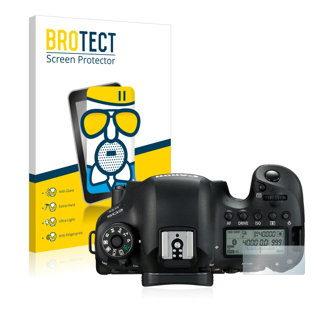 Front side of a product packaging with the brand logo BROTECT. Next to it is the device Canon EOS 6D (top plate display) shown