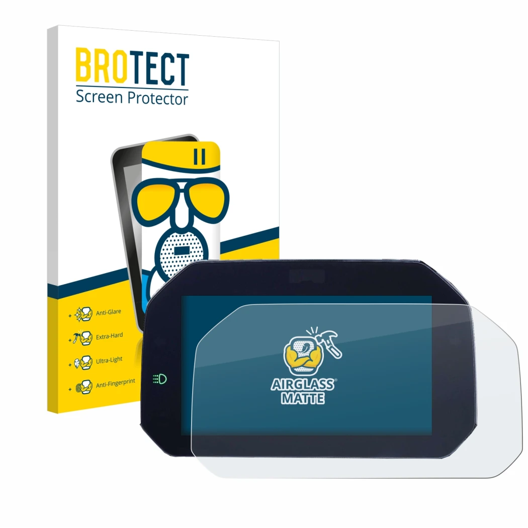 Front side of a product packaging with the brand logo BROTECT. Next to it is the device BMW F850GS 2018-2020 Connectivity TFT 