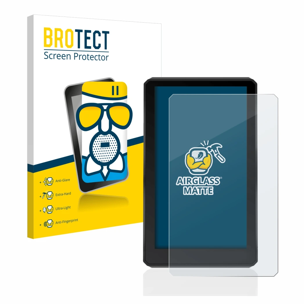 Front side of a product packaging with the brand logo BROTECT. Next to it is the device Garmin zumo XT shown with the correspo