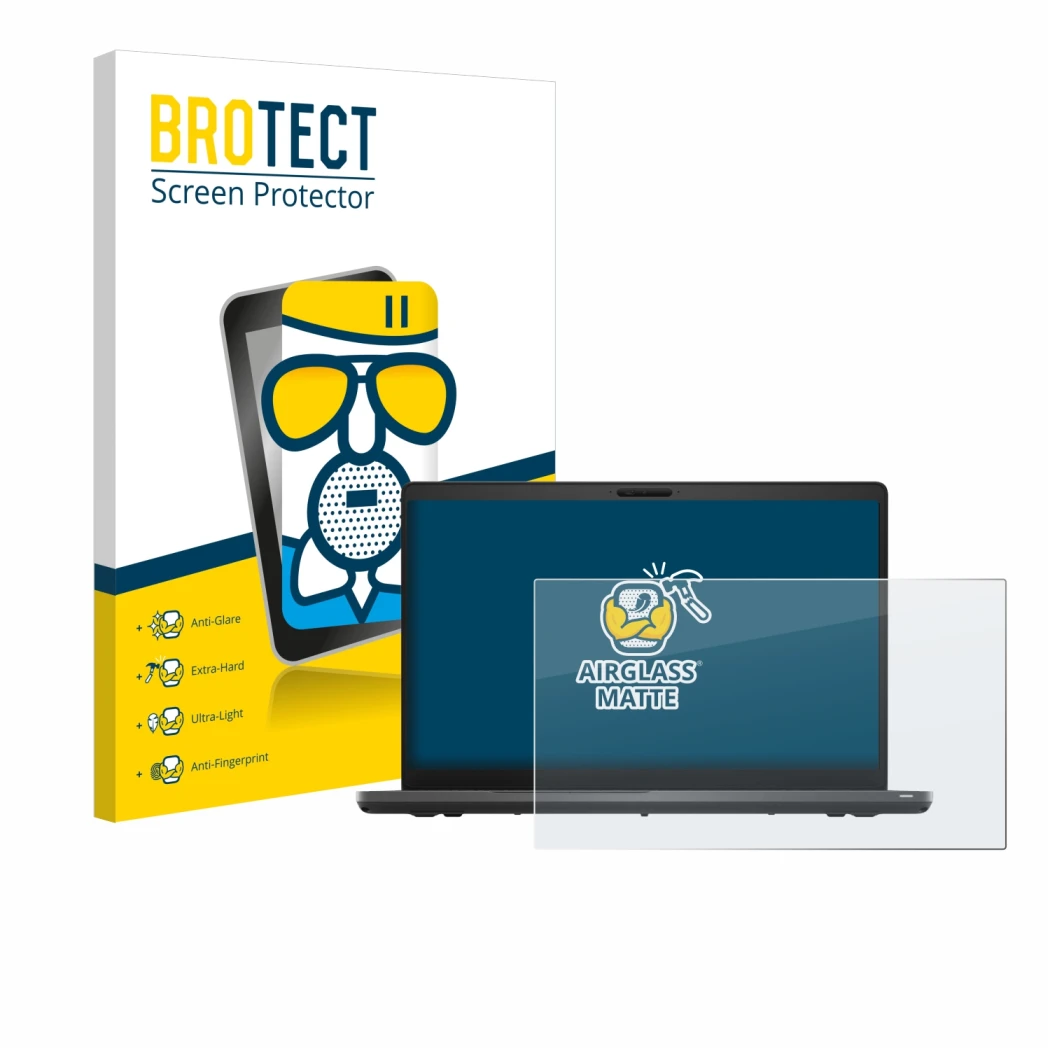 Front side of a product packaging with the brand logo BROTECT. Next to it is the device Dell Latitude 5500 shown with the corr