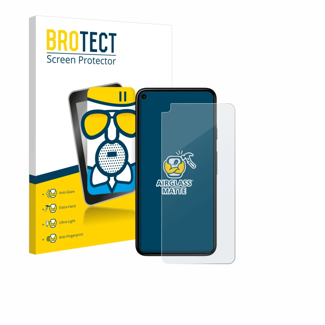 Front side of a product packaging with the brand logo BROTECT. Next to it is the device Google Pixel 5 shown with the correspo